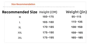Detailed size recommendation chart for winter down jacket ranging from sizes M to 3XL