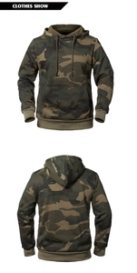 Detailed front and back view of men's camouflage hoodie with drawstring and kangaroo pocket