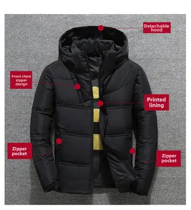 Detail view of winter hooded jacket with detachable hood, printed lining, and zip pockets