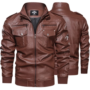 Brown vintage PU leather men's jacket with multi-pockets and ribbed cuffs on white background