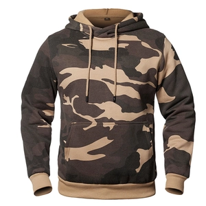 Men's camouflage hooded sweatshirt with brown earth tones and fleece lining