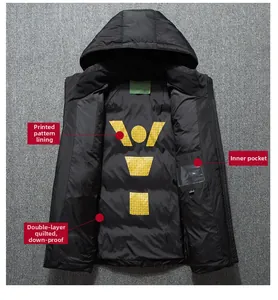 Detail of black down jacket with inner pocket and yellow geometric logo print
