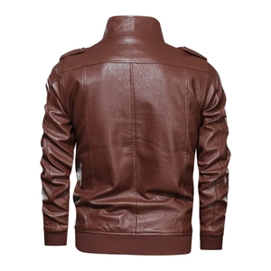 Rear view of brown PU leather jacket for men featuring ribbed cuffs and stand collar
