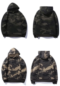 Detailed front and back views of camouflage hoodies in forest green and desert sand colors
