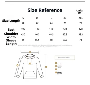 Detailed size chart for camouflage hoodie from S to XXL with measurement guidelines