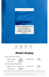 Detail of polyester fabric with warm fleece lining, washing guide and model size chart