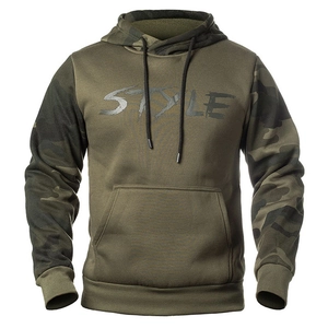 Detail of army green camo hoodie featuring kangaroo pocket and ribbed sleeve cuffs