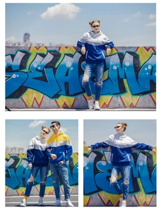Detail of color block camouflage hoodie showing the three-tone fabric and relaxed fit
