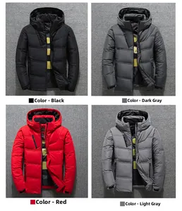 Detail of slim-fit winter down jacket showing four color options with contrast yellow lining