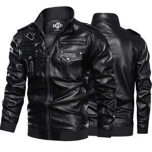 Detail view of black PU leather jacket showing multi-pocket design and ribbed cuffs