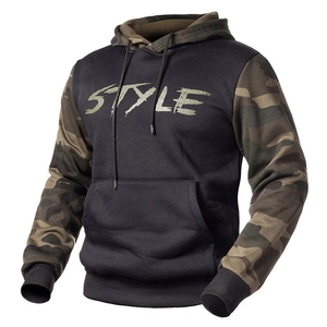 Detail of hoodie showing woodland camouflage hood lining and green Style chest print