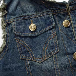 Slim fit blue denim vest for men with distressed details and bronze metal buttons