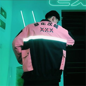 Men Reflective Color Block Jacket Streetwear Cyberpunk Windbreaker Windproof Cargo Coat Fashion Youth Outwear Top