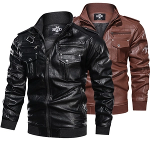 Classic men's PU leather biker jacket with stand collar and zip pockets in black and brown