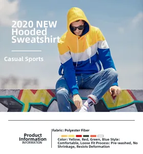 Detailed view of color-block hoodie with yellow, white and blue panels and hood drawstrings