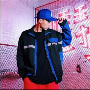 Men's hip-hop patchwork windbreaker with reflective stripes in urban street style