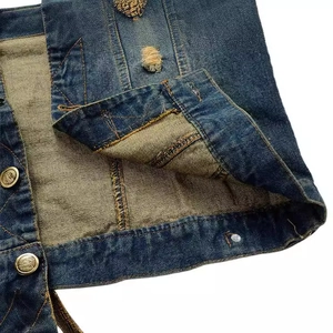 Men's slim fit distressed denim vest in deep blue with vintage buttons and ripped details