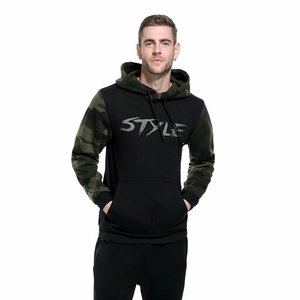 Detail of hoodie showing black kangaroo pocket and camouflage pattern on the sleeves