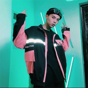 Men's hip-hop streetwear jacket in black and pink with reflective strips and cargo pockets