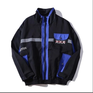 Men's hip-hop patchwork windbreaker jacket with reflective stripes and utility pockets