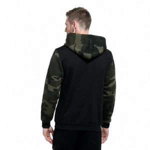 Rear view of a men's fleece hoodie featuring woodland camouflage sleeves and a black body