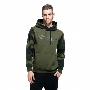 Detail of camouflage stitching on olive green hoodie with Style print and kangaroo pocket