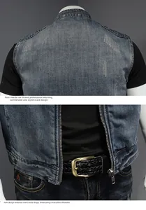 Detail of four-needle six-thread stitching on vintage wash denim vest for men
