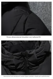 Detail of ergonomic shoulder tailoring and waterproof sealed zipper on black winter jacket