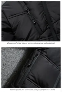Detail of waterproof chest zipper and functional hem pockets on a matte winter puffer jacket