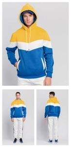 Detailed close-up and full view of men's tricolor yellow white and blue camouflage hoodie