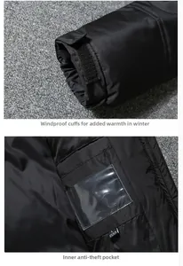 Detail of windproof velcro cuffs and inner security pocket on a men's winter down jacket