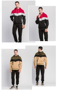 Detail of color-block camo hoodie and jogger set with ribbed cuffs and cargo pockets