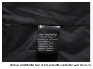 Detail shot of the care label showing 80% down filling and 100% polyester fabric