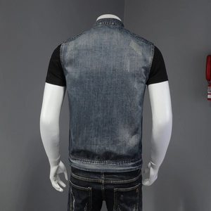 Men's retro blue denim vest with distressed wash and ripped back details on mannequin