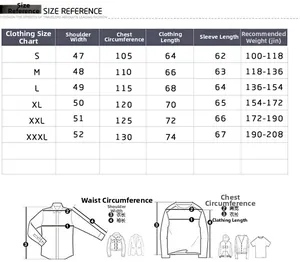 Tableau des tailles pour veste hip hop en cuir PU avec mesures d'épaules et de poitrine