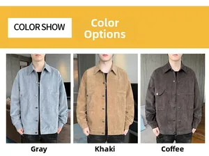 Three-color split view showing grey, khaki, and coffee corduroy jackets for men