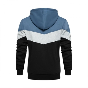 Rear view of camouflage patchwork hoodie showing V-shaped color block stitching detail