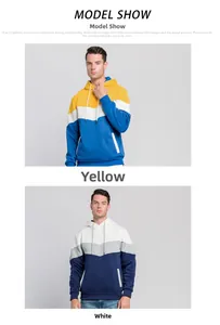 Detail of men's hooded sweatshirts featuring color-block designs in yellow and grey variants