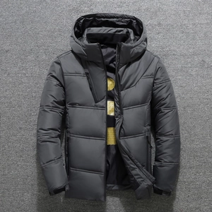 Men's slim fit winter hooded down jacket in dark grey with yellow lining and zip pockets