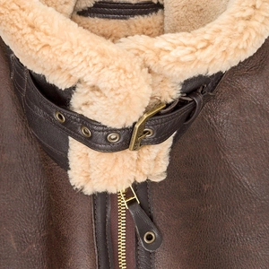 Brown faux suede shearling flight jacket with white wool collar and buckle detail