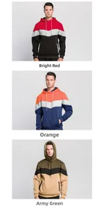 Detailed views of color block hoodies in red, orange, and army green styles