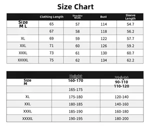 Detailed size guide table for men's corduroy jacket showing measurements from M to 4XL