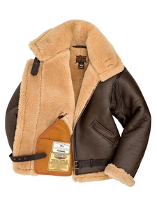 Men's B-3 bomber jacket in dark brown faux leather with thick faux fur shearling lining