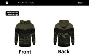Front and back detail of army green camo patchwork hoodie with black V-shaped stripe