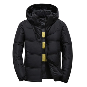 Men's black windproof hooded down jacket with slim fit and multi-pocket functional design