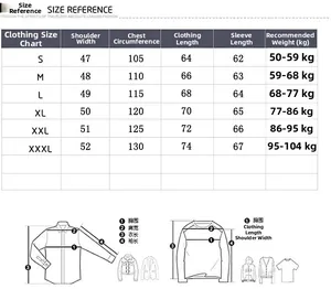 Size reference guide for MA-1 bomber jacket with detailed measurements from S to XXXL