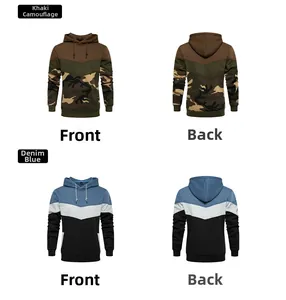 Front and back views of color block camouflage hoodies with adjustable drawstrings