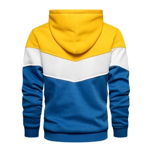 Back view of hooded sweatshirt with yellow, white and navy blue color block design
