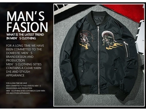 Detailed embroidery and utility pocket on black MA-1 bomber jacket for men