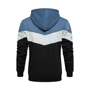 Detail view of the tricolor patchwork design on the back of this men's camouflage hoodie